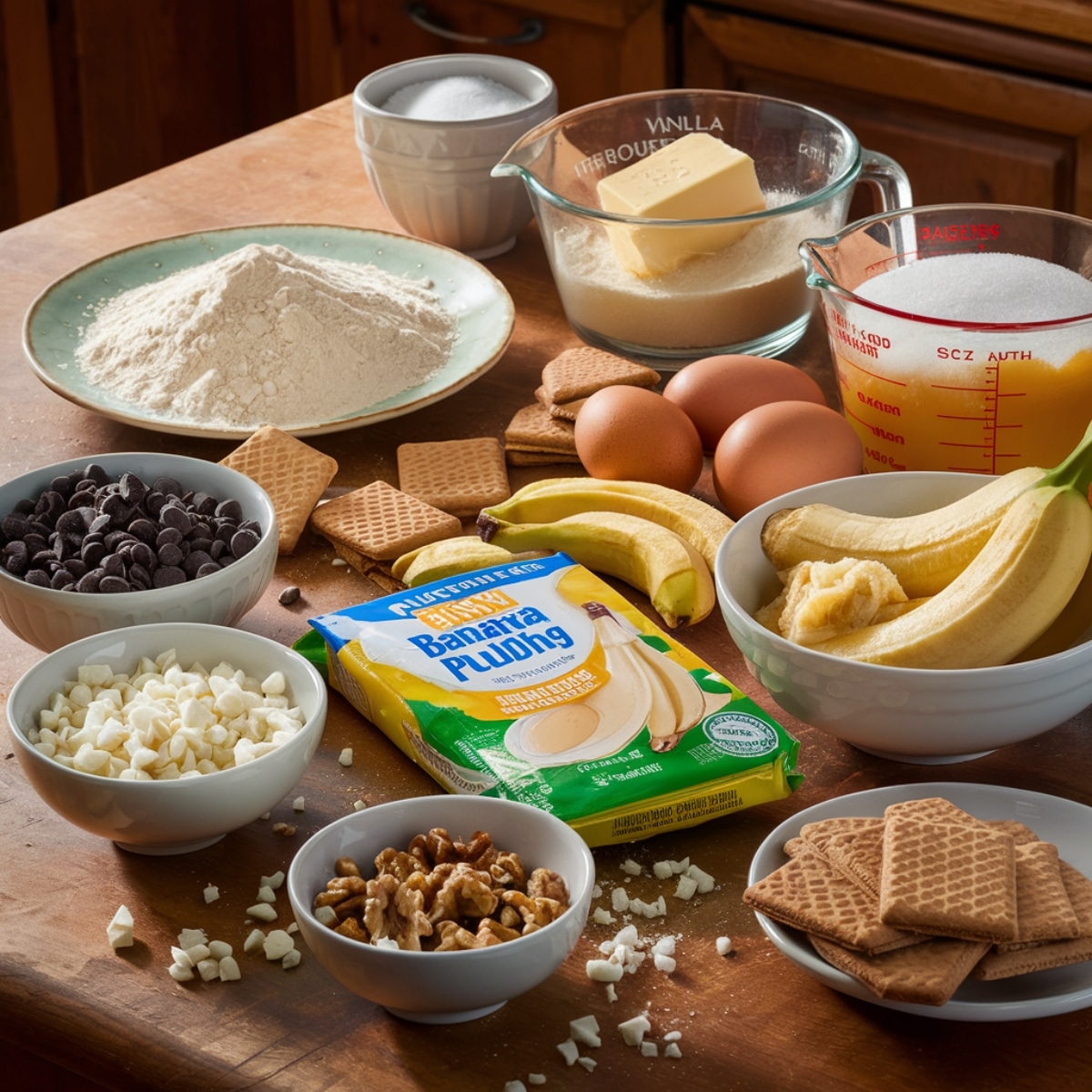 Ingredients for Banana Pudding Cookie Recipe arranged on a rustic wooden countertop. A package of banana pudding mix, ripe bananas, all-purpose flour, granulated sugar, brown sugar, softened butter, eggs, and vanilla extract are displayed. Bowls of white and dark chocolate chips, crushed vanilla wafer cookies, and chopped walnuts add extra flavor. These ingredients come together to create soft and chewy banana pudding cookies with a rich, sweet taste.