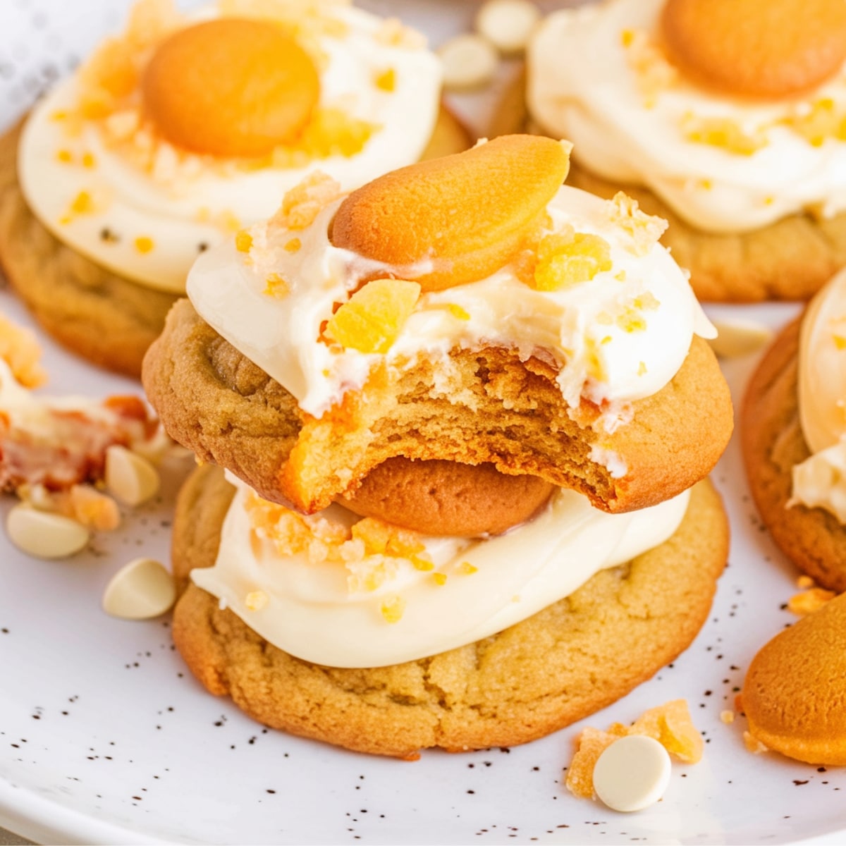 Delicious Banana Pudding Cookies topped with creamy frosting, a vanilla wafer, and crushed wafer pieces. These soft, golden-brown cookies are infused with banana pudding mix and white chocolate chips for a rich, sweet flavor. A bite taken out of one reveals a moist and chewy texture. This Banana Pudding Cookie Recipe is a perfect blend of classic banana pudding flavors in cookie form.