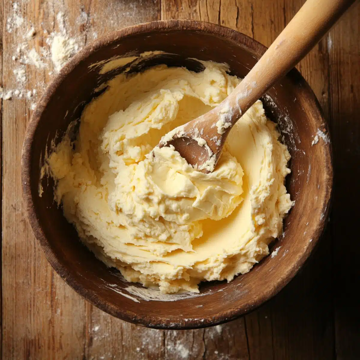 Creamed butter and sugar in a wooden bowl with a wooden spoon, on a floured wooden counter—natural, homemade baking scene.