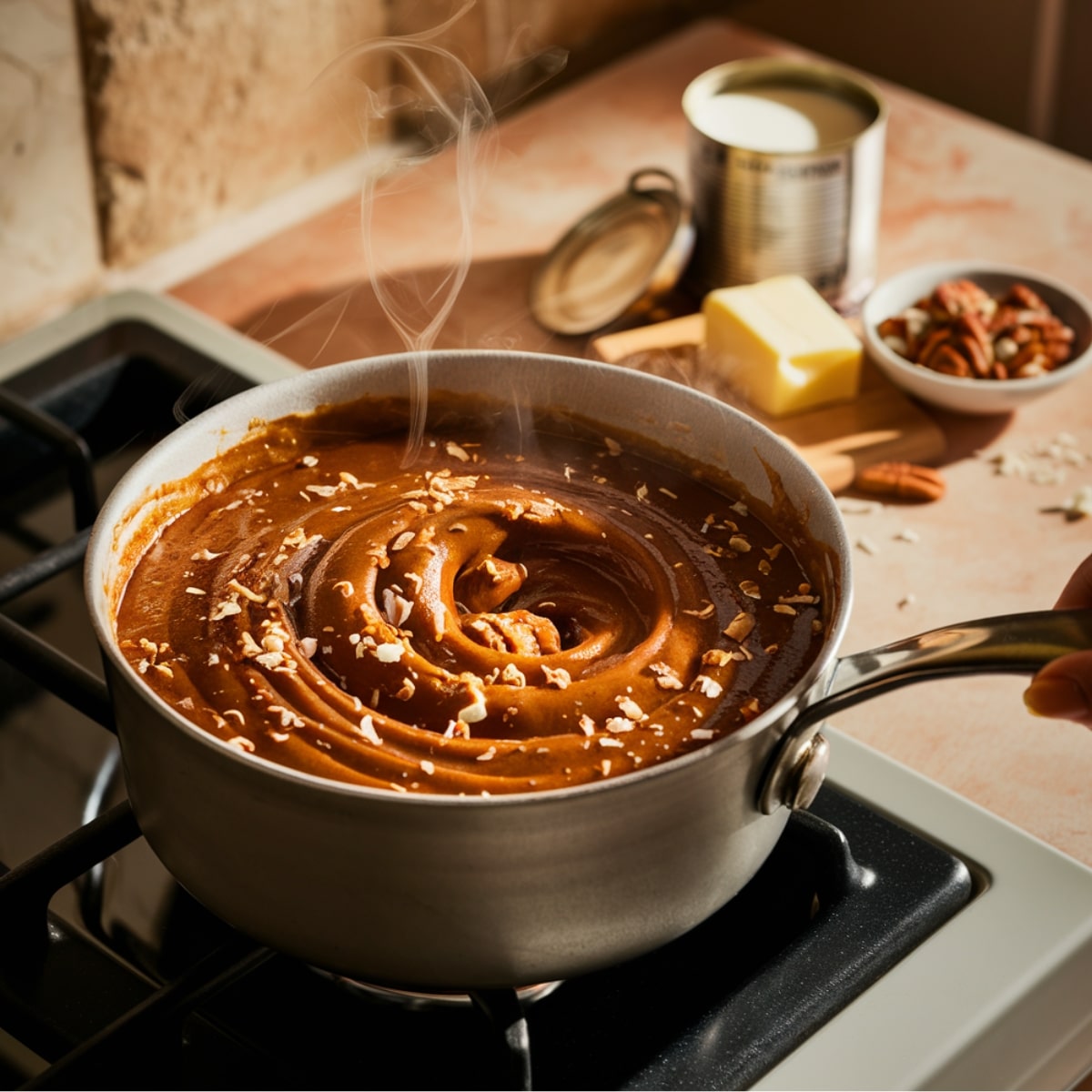 A saucepan of thick, glossy coconut pecan frosting simmers on a stovetop, with steam rising as it reaches a pudding-like consistency. Toasted coconut flakes and chopped pecans are sprinkled on top. In the background, butter, pecans, and an open can of evaporated milk sit on a wooden counter, creating a warm, homemade feel.