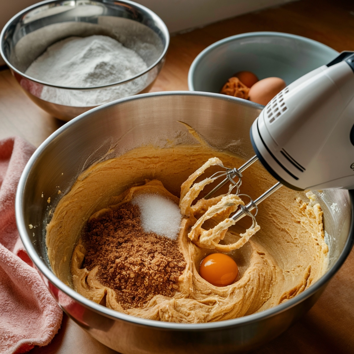 A stainless steel mixing bowl with partially blended peanut butter cookie dough, topped with a cracked egg, brown sugar, and granulated sugar. An electric hand mixer with batter-coated beaters rests inside. In the background, a bowl of dry ingredients and another with whole eggs sit on a wooden countertop, with a soft pink kitchen towel adding a cozy touch.