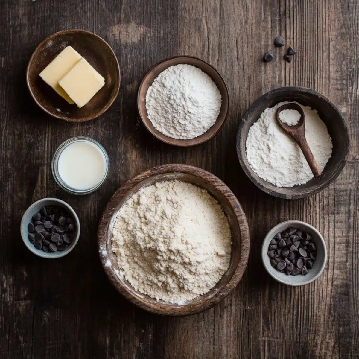Flat lay of cookie dough ingredients on a rustic wooden surface, including flour, butter, milk, and chocolate chips in small bowls with a cozy, homemade feel.