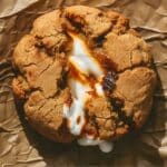 A freshly baked Fluffernutter cookie with a thick, golden brown exterior and a cracked surface, revealing an oozing center of melted marshmallow and caramelized peanut butter. The cookie is generously sized, with slightly crisp edges and a soft, chewy interior.