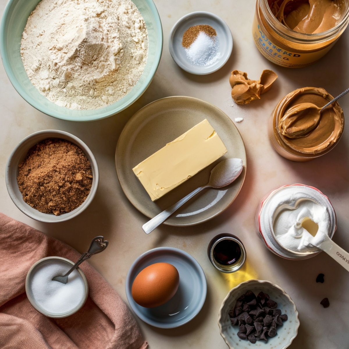 A top-down view of Fluffernutter Cookies ingredients on a neutral countertop: a bowl of flour, baking soda, salt, softened butter on a plate, peanut butter in an open jar, brown and white sugar in small bowls, a single egg on a blue dish, vanilla extract in a glass bottle, marshmallow fluff with a measuring spoon, and a small dish of chocolate chips. A soft pink kitchen towel adds a cozy touch, with natural lighting enhancing the homemade baking feel.