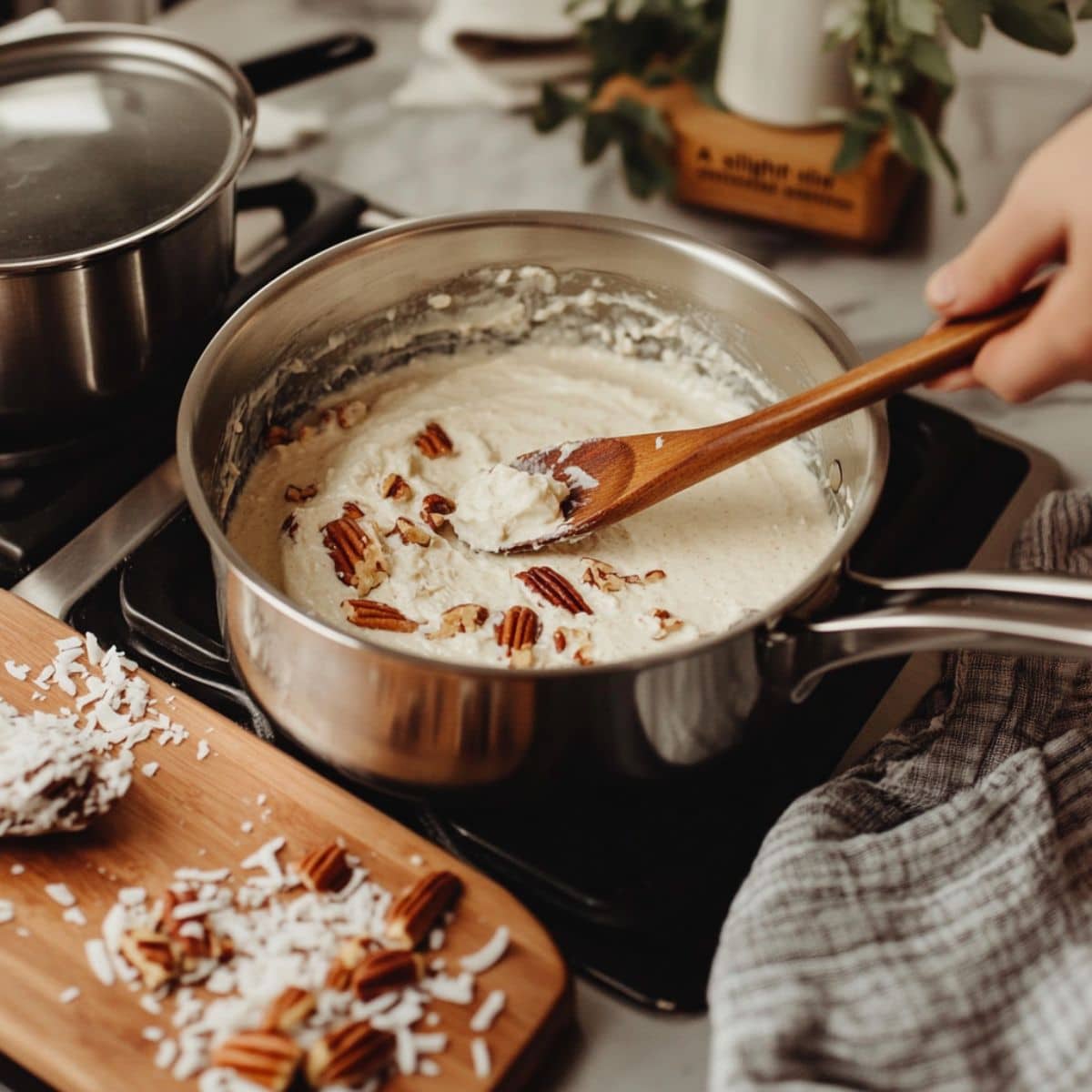 Coconut pecan frosting being stirred in a saucepan on a stovetop with a wooden spoon, shredded coconut and pecans visible, set in a cozy, real kitchen with a slightly messy counter.
