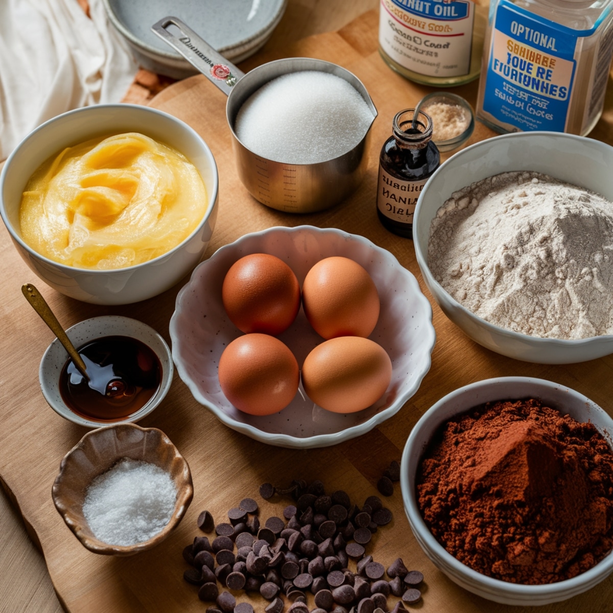 A beautifully arranged selection of ingredients for homemade German chocolate brownies on a wooden countertop, including melted butter, granulated sugar, eggs, vanilla extract, all-purpose flour, cocoa powder, chocolate chips, and sea salt. Warm natural lighting enhances the rich textures, creating a cozy, homemade feel.