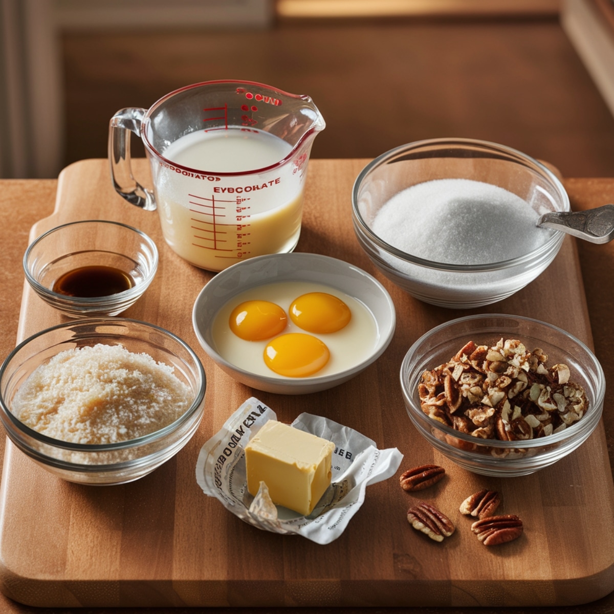 A neatly arranged set of ingredients for homemade German chocolate frosting on a wooden countertop, including evaporated milk, granulated sugar, egg yolks, unsalted butter, sweetened coconut flakes, chopped pecans, and vanilla extract. Warm natural lighting enhances the rich textures, creating a cozy, homemade feel.