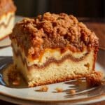 A close-up of a homemade gluten free coffee cake slice with a golden, crumbly cinnamon streusel topping. The soft vanilla cake base features a rich cinnamon-sugar swirl, and a few crumbs are scattered on a beige ceramic plate. Warm, natural lighting enhances the moist texture and rustic homemade feel.