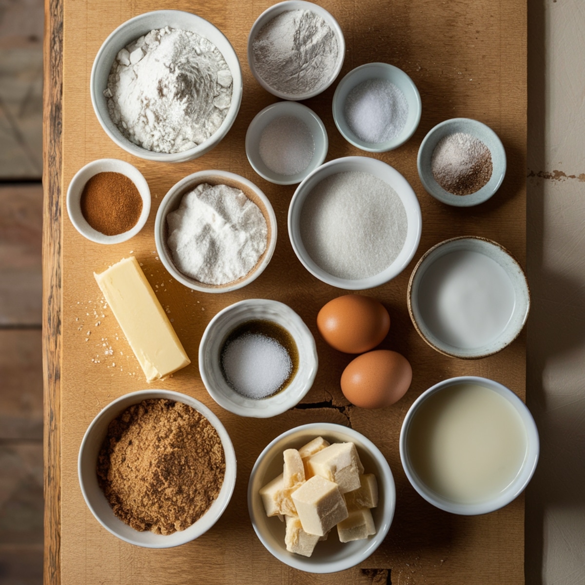 Top-down view of gluten-free coffee cake ingredients arranged in small bowls on a wooden surface, including flour, sugar, butter, eggs, cinnamon, and milk.