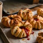 A plate of homemade guava cheese pastries with golden, flaky puff pastry and glossy red guava filling, arranged on a white ceramic plate with embossed details.