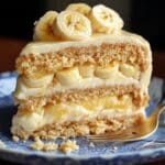 Homemade banana pudding cake slice with layers of vanilla cake, banana pudding, and fresh banana slices, topped with creamy frosting on a blue plate.