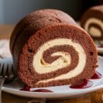 A homemade chocolate ice cream cake roll with a soft, dark brown sponge and a smooth swirl of vanilla and chocolate ice cream filling. Served on a white plate with glossy red berry sauce and a silver fork, with another slice slightly blurred in the background. Warm, natural lighting enhances its fresh, homemade appeal.