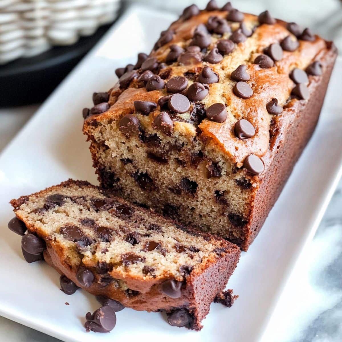 Moist homemade chocolate chip banana bread on a white plate, topped with melted chocolate chips and sliced to reveal a fluffy, chip-filled center.