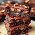Homemade turtle brownies with gooey caramel, toasted pecans, and rich chocolate drizzle on a fudgy brownie base, sliced and served on parchment paper.