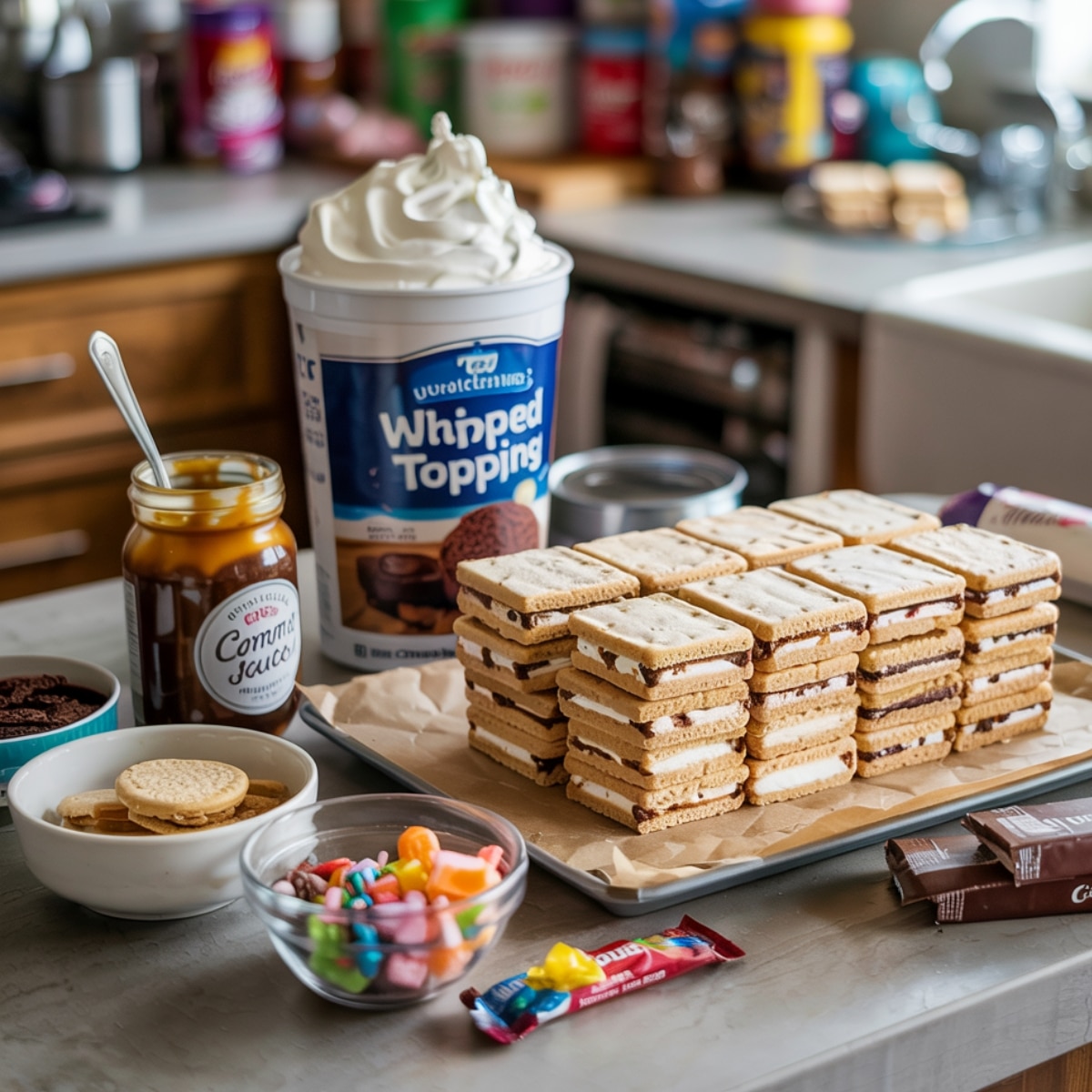 Homemade ice cream sandwich cake ingredients on a kitchen counter: stacked sandwiches, open whipped topping tub, caramel sauce jar with spoon, and bowls of cookies, candy, and mix-ins in a cozy, slightly messy kitchen setting.