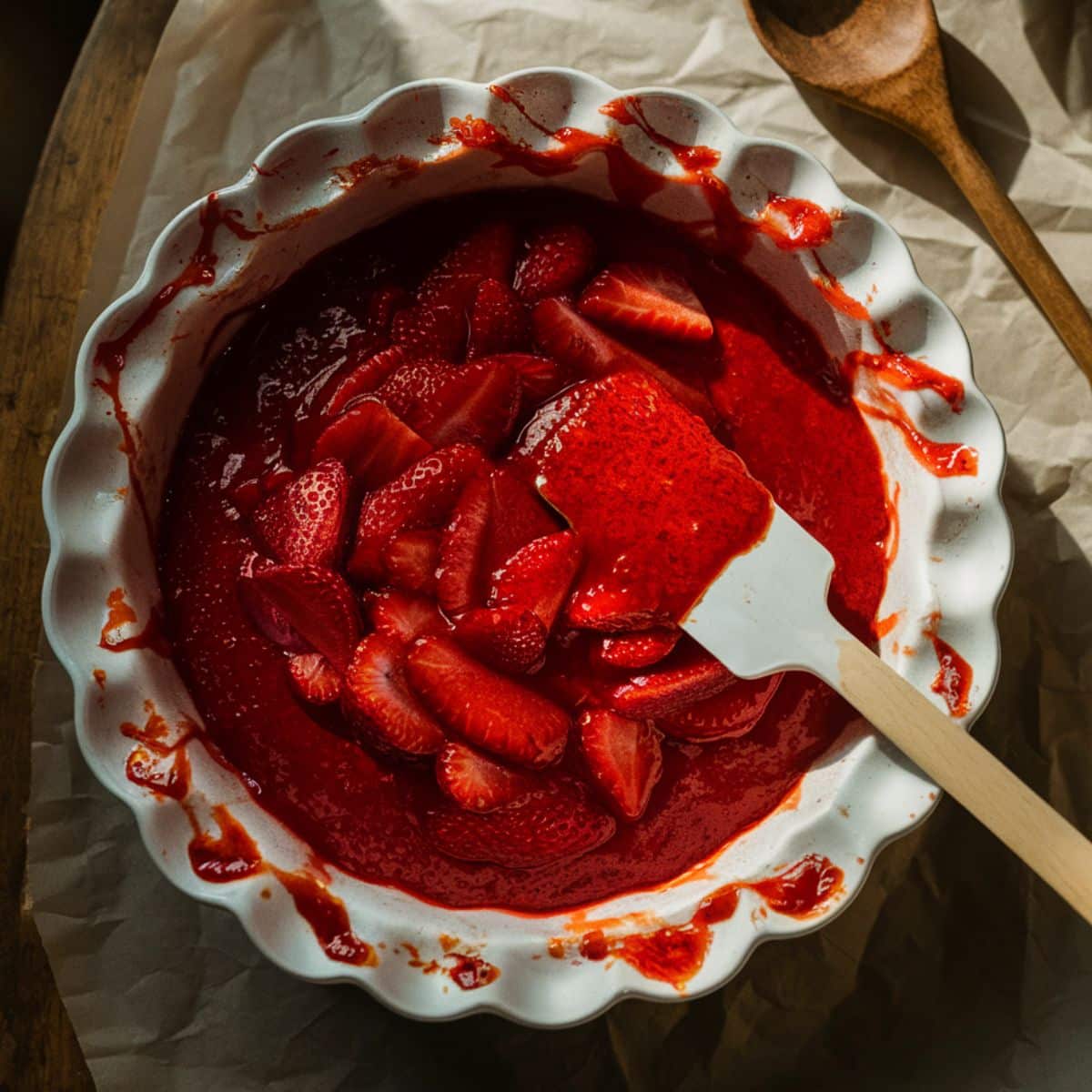 A pie dish with strawberry filling and fresh slices, prepped for Strawberry Cheesecake Dump Cake, with a spatula resting inside.
