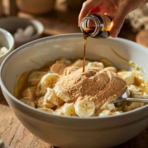 Mix in vanilla extract and dry banana pudding mix powder.