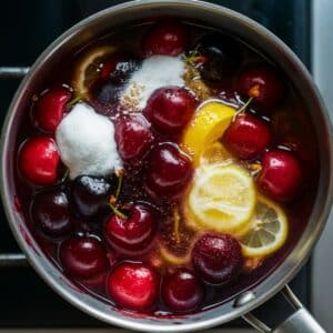 Combine pitted cherries, sugar, cornstarch, lemon juice, and water in a medium saucepan.