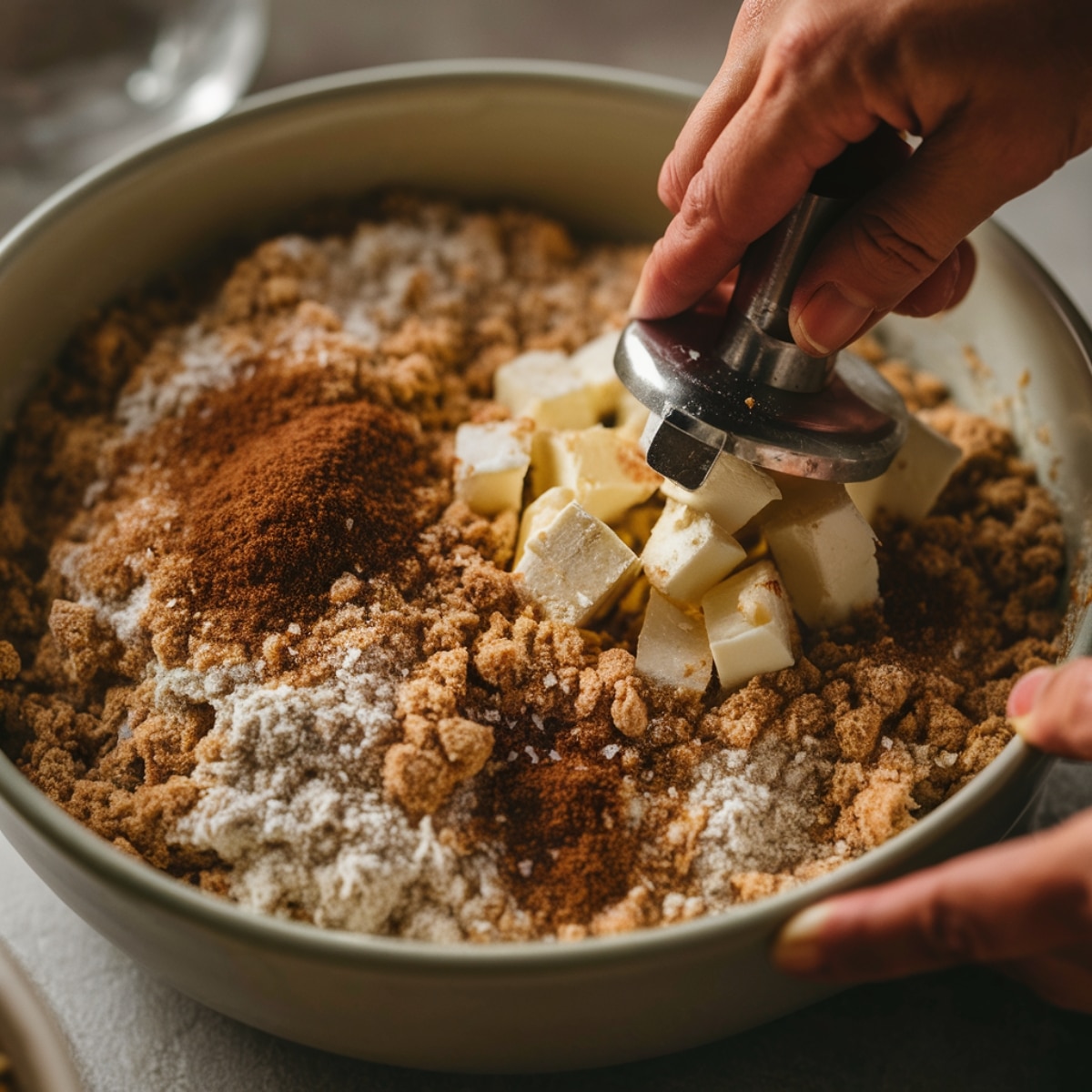 A close-up shot of a homemade gluten free coffee cake streusel topping being prepared. A hand firmly grips a pastry cutter, blending cold cubed butter into a mixture of brown sugar, almond flour, and gluten-free flour.