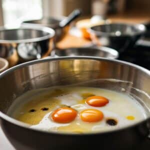 In a separate bowl, combine eggs, milk, oil, and vanilla extract.
