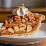 A close-up of a homemade mock apple pie slice on a white plate, featuring a flaky crust, biscuit-like cracker filling coated in glossy caramelized syrup, a golden oat crumble topping, and a dollop of whipped cream. The warm, rustic background enhances its inviting, homemade appeal.