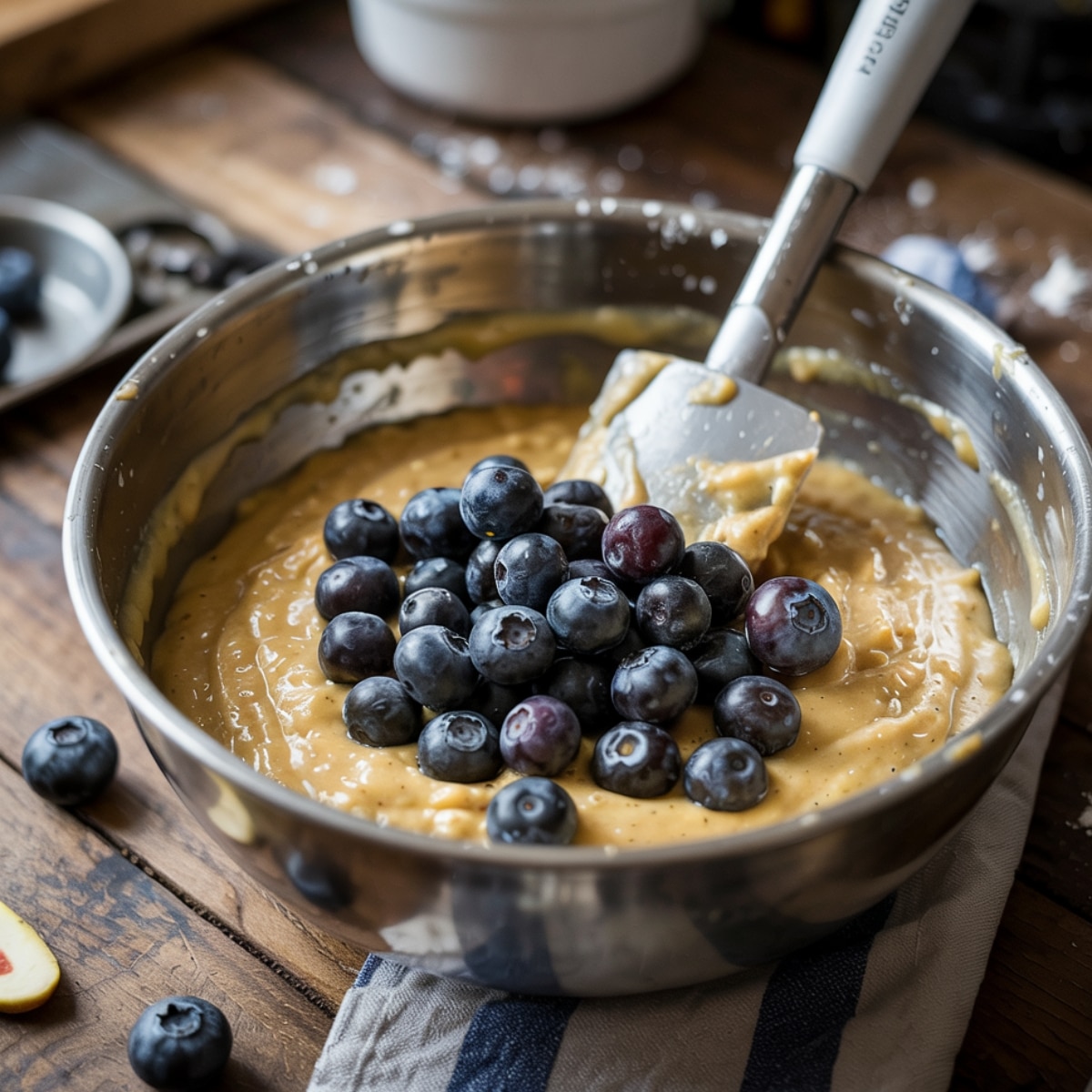 A metal mixing bowl filled with thick lemon muffin batter, topped with a handful of fresh blueberries ready to be folded in. A rubber spatula rests inside the bowl, slightly messy with batter. The setup sits on a kitchen towel over a rustic wooden counter, with loose blueberries and flour specks scattered around.
