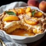 Homemade peach cobbler with golden peach slices, a crumbly biscuit topping, and a dollop of whipped cream in a white ramekin.