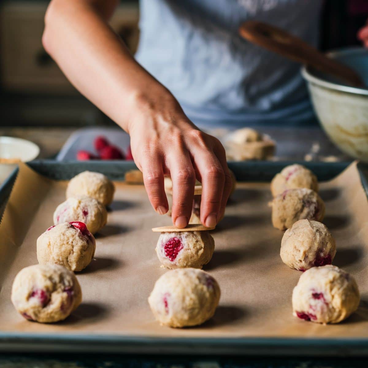A baker’s hand flattening a raspberry-studded white chocolate cookie dough ball on a parchment-lined baking sheet. Other dough balls are scattered naturally. Soft lighting, wooden spoon, and mixing bowl in the background give a cozy, homemade kitchen feel.