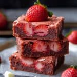 Three thick, fudgy homemade strawberry brownies stacked on parchment paper, each piece filled with visible slices of fresh strawberries baked into the rich, chocolatey interior. The top brownie has a slightly cracked, shiny crust and is topped with a whole, ripe strawberry with its green leaves still attached.