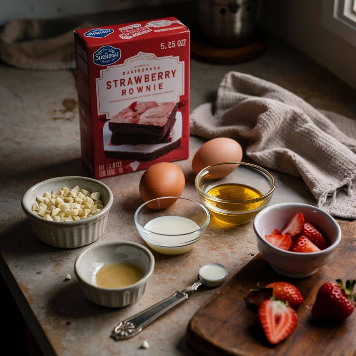 Homemade strawberry brownies ingredients on a rustic kitchen counter, including cake mix, eggs, oil, milk, vanilla, white chocolate chips, and fresh strawberries, with soft natural light and a cozy, lived-in feel.