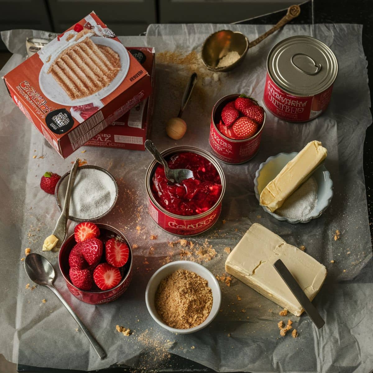 A rustic flat lay of Strawberry Cheesecake Dump Cake ingredients, including strawberry pie filling, fresh strawberries, butter, sugar, graham cracker crumbs, and cake mix, with a casual, messy kitchen prep feel.
