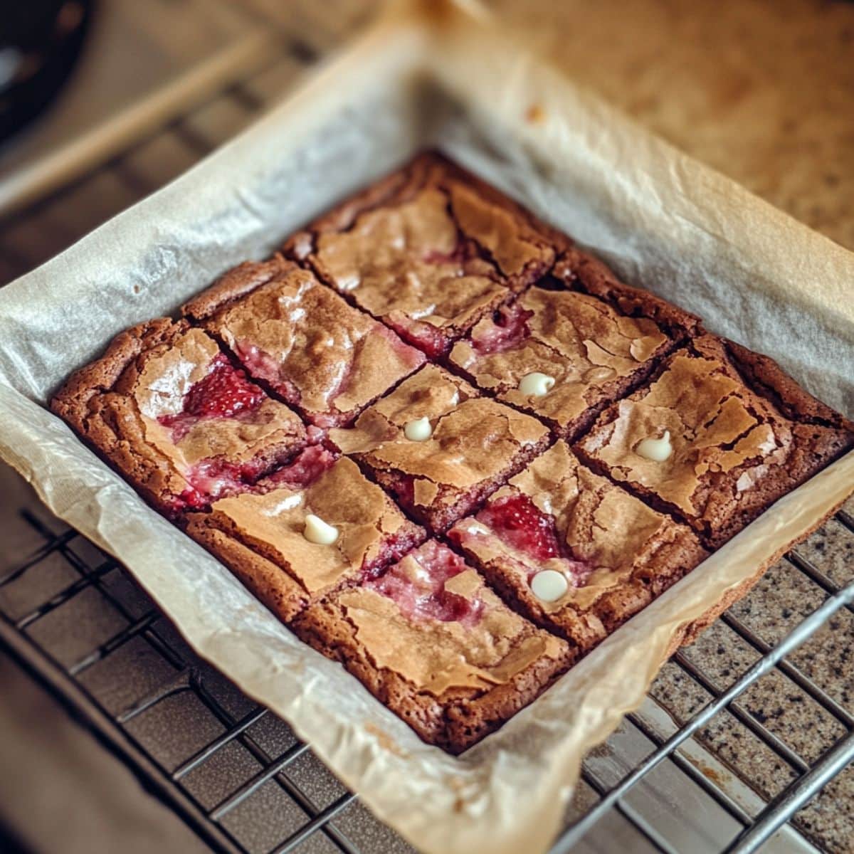 Freshly baked strawberry brownies cooling in a parchment-lined square pan, cut into 9 imperfect squares with crackly tops, visible strawberry pieces, and white chocolate chips, on a wire rack in a cozy home kitchen.
