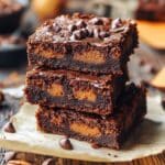 Three stacked sweet potato brownies with visible orange swirls and chocolate chips on top, sitting on parchment paper on a rustic wooden surface for a cozy, homemade look.
