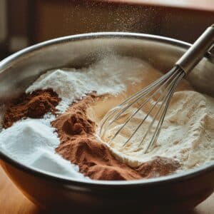 In a large bowl, whisk together flour, sugar, cocoa powder, baking soda, baking powder, and salt.