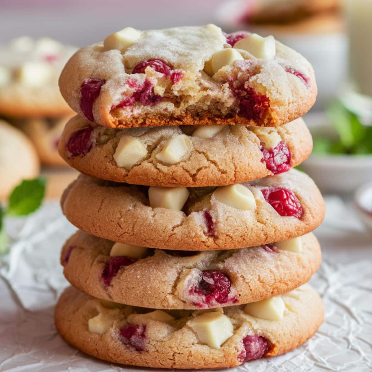 Stack of homemade white chocolate raspberry cookies on a ceramic plate, topped with melted white chocolate chips and fresh raspberries. The top cookie is broken to reveal a gooey center. Natural lighting adds a warm, realistic touch.
