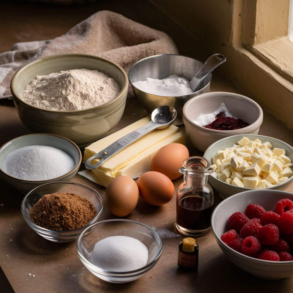 Overhead view of white chocolate raspberry cookie ingredients on a kitchen counter—flour, sugars, eggs, butter, vanilla, chopped white chocolate, and raspberries. Natural light, cozy and homemade feel.