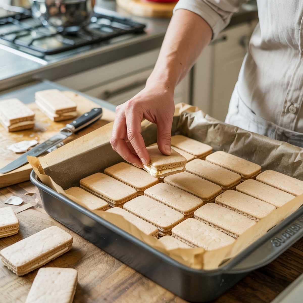 Hand placing a vanilla ice cream sandwich into a parchment-lined pan with other sandwiches. Butter knife and wrappers on a wooden counter in a cozy, real-life kitchen.