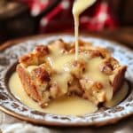 A close-up image of homemade bread pudding being generously drizzled with rich, creamy rum sauce. The pudding has a perfect golden-brown crust with softly toasted edges and a fluffy, moist interior. The thick, velvety sauce cascades down the pudding, pooling gently on the vintage porcelain plate that features delicate brown floral patterns.
