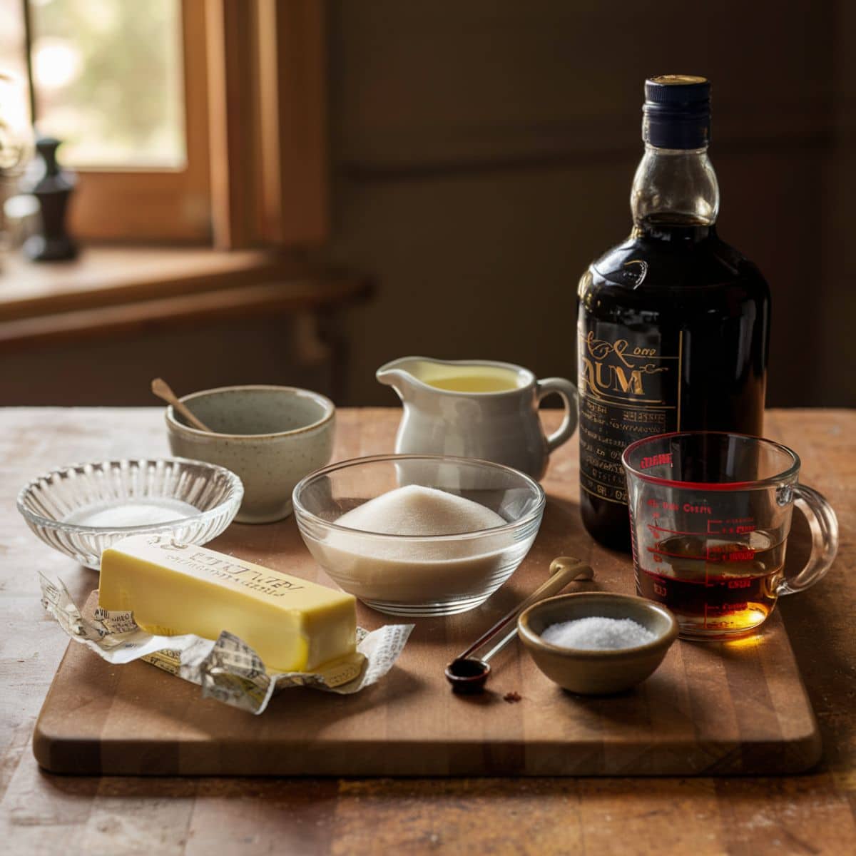 Ingredients for homemade rum sauce on a rustic wooden surface—stick of butter, sugar, cream, dark rum, vanilla, and salt in warm, natural kitchen lighting.