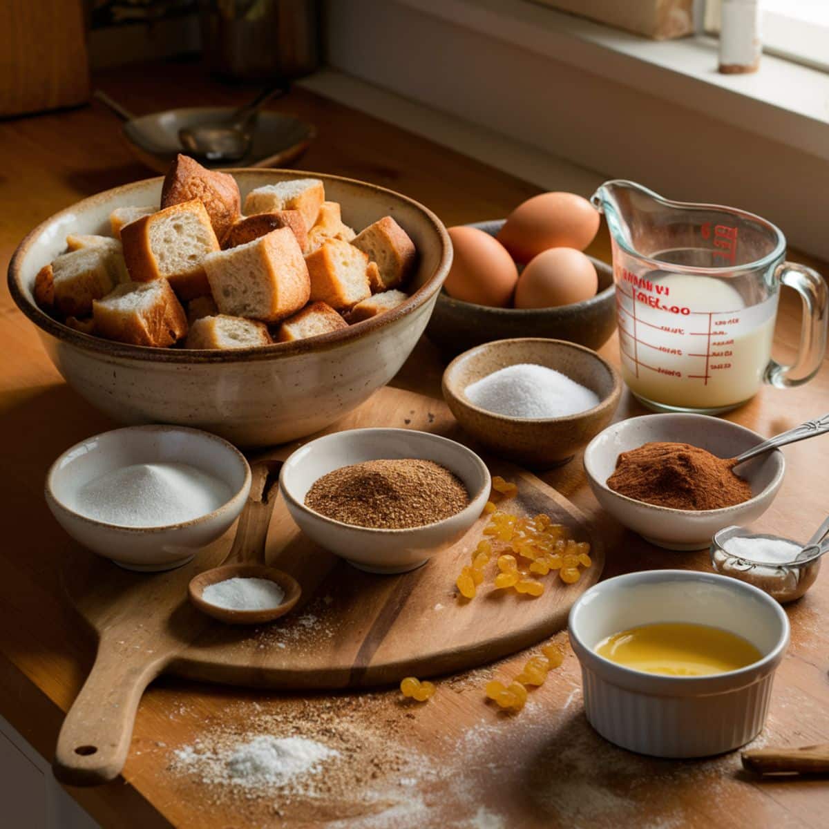 Rustic kitchen counter with cubed bread, eggs, milk, sugars, spices, raisins, and melted butter—ingredients for homemade bread pudding in warm natural light.