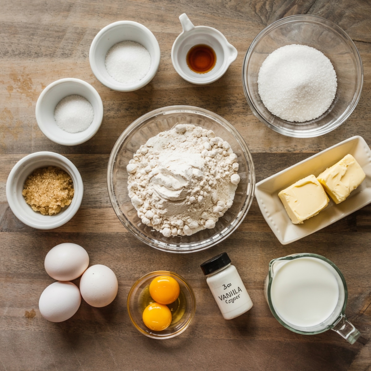 Top-down view of real caramel cake ingredients on a wooden table: flour in a glass bowl, granulated and brown sugar in small bowls, vanilla extract, 3 whole eggs, 2 yolks in a dish, unsalted butter, whole milk in a glass measuring cup, and a small container of vanilla powder.