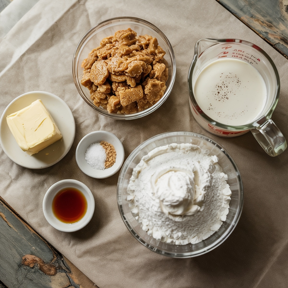 Homemade caramel cake frosting ingredients on parchment paper: butter on a plate, brown sugar chunks, powdered sugar in a glass bowl, vanilla extract, salt and brown sugar in a ramekin, and heavy cream with vanilla specks in a measuring cup.