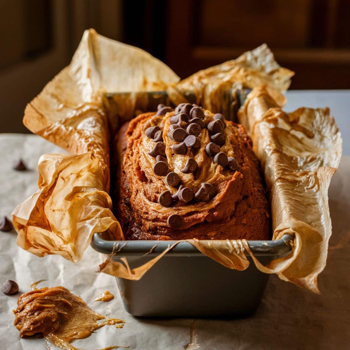A freshly baked loaf of homemade chocolate chip banana bread in a metal pan lined with wrinkled parchment paper, topped with melty chocolate chips. The batter has overflowed slightly, and there’s a smudge of batter on the parchment — warm, imperfect, and cozy.