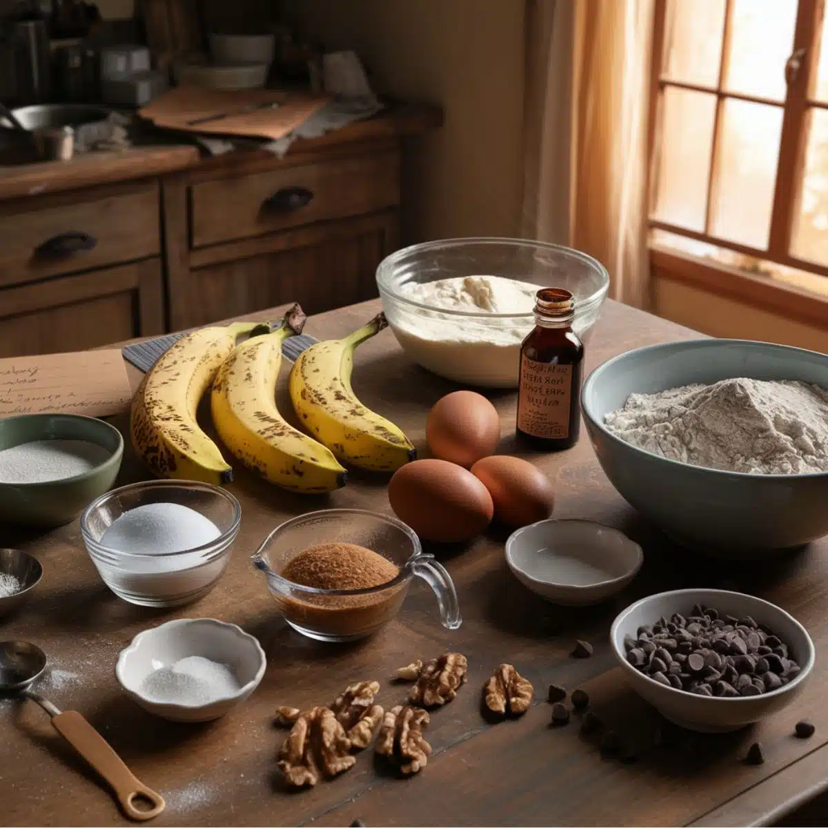 Homemade banana bread ingredients on a rustic wooden table — ripe bananas, flour, sugar, brown sugar, eggs, vanilla, chocolate chips, and walnuts in bowls, with sunlight coming through a kitchen window.