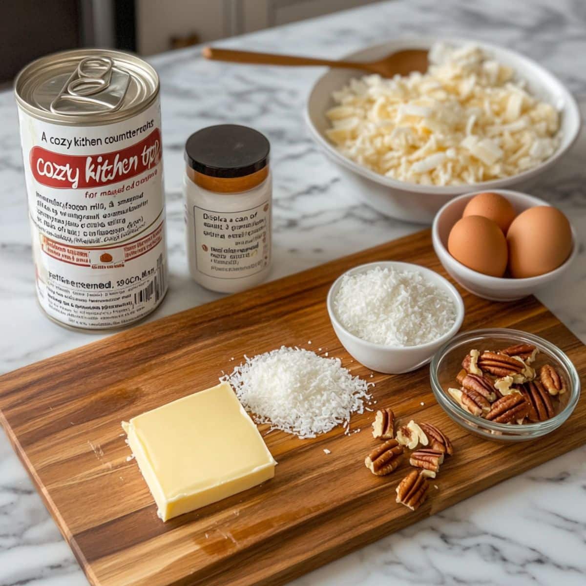 Homemade German chocolate cake frosting ingredients on a marble counter: evaporated milk can, vanilla bottle, eggs, butter, shredded coconut in bowls and on a board, and chopped pecans—all arranged naturally with warm lighting and a cozy kitchen feel.