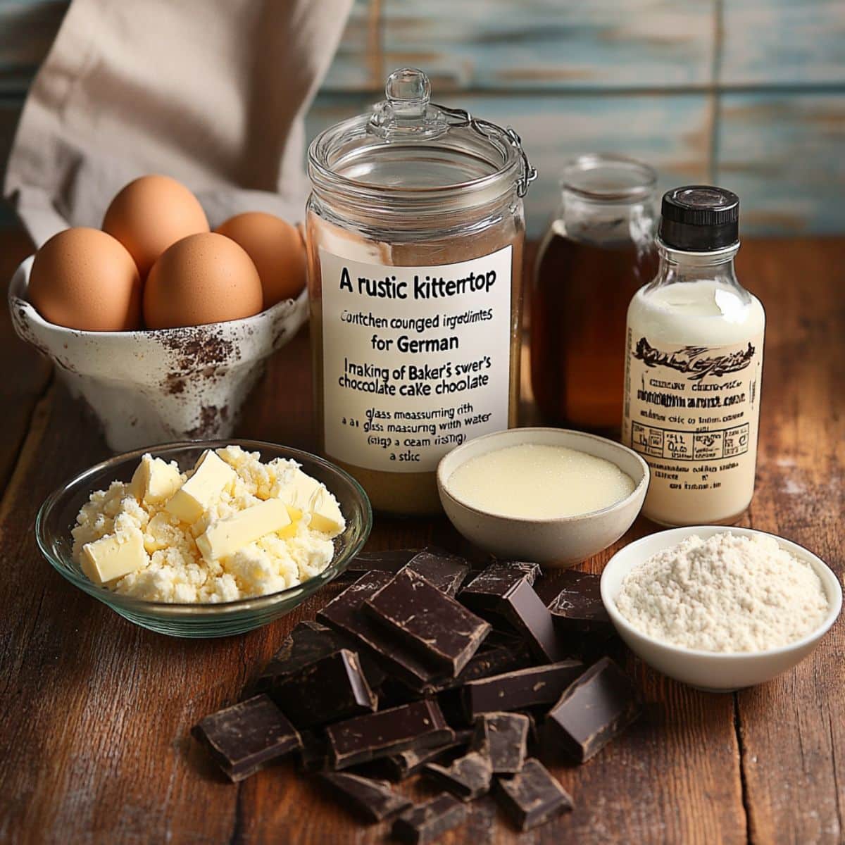 Rustic kitchen scene with real ingredients for homemade German chocolate cake: brown eggs, chopped baking chocolate, butter, flour, evaporated milk, sugar, vanilla extract, and a labeled glass jar on a wooden counter with warm natural lighting.