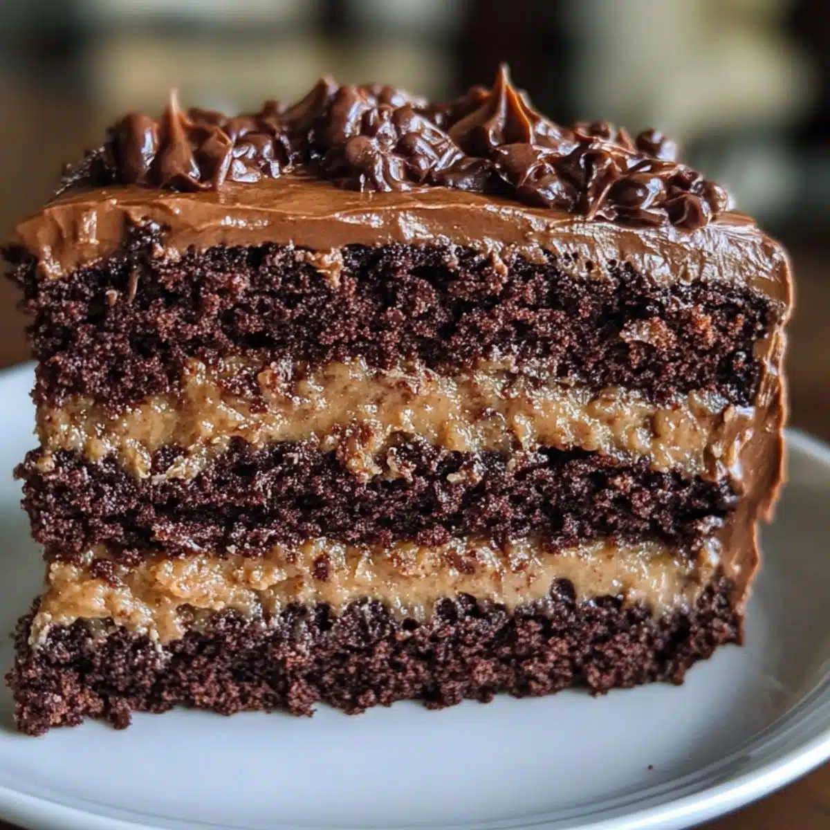 A homemade slice of German chocolate cake with rich, moist chocolate layers, gooey coconut pecan filling, and thick, glossy chocolate frosting on top, served on a white plate.