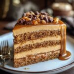 A homemade slice of caramel cake with brown sugar layers, creamy caramel frosting, and rich caramel sauce dripping over the sides, topped with chocolate chunks and nuts on a white plate.