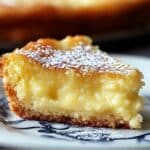 A slice of homemade gooey butter cake on a vintage plate, with a golden crust, creamy yellow center, and a dusting of powdered sugar on top.