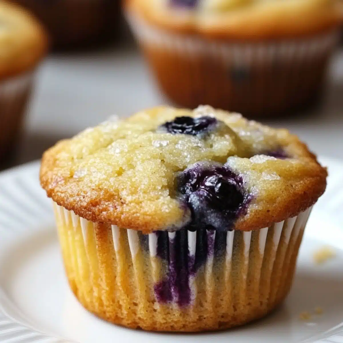 Homemade lemon blueberry muffin with a golden top, sparkling sugar, and juicy blueberries bursting through the sides, sitting on a white plate with more muffins blurred in the background.
